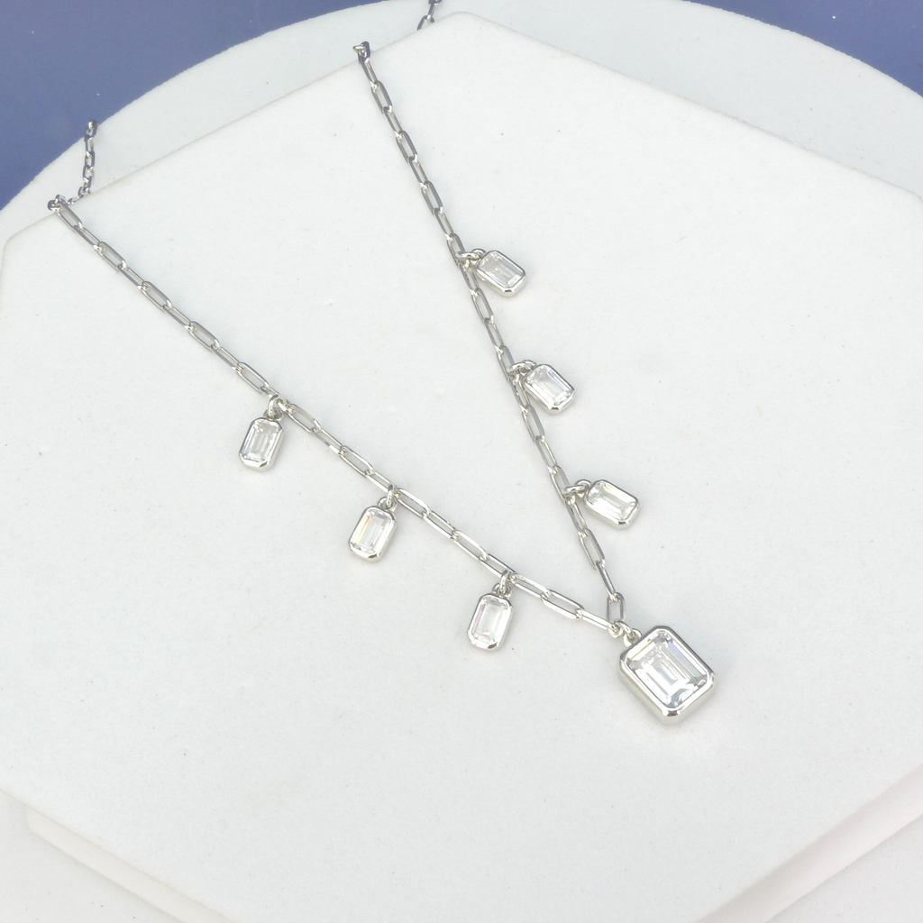 Sterling Silver CZ Dangle Paperclip Necklace