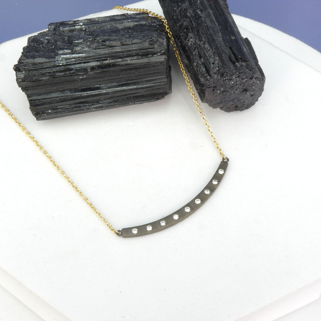 Sterling Silver Gold Vermeil & Black CZ Bar Necklace