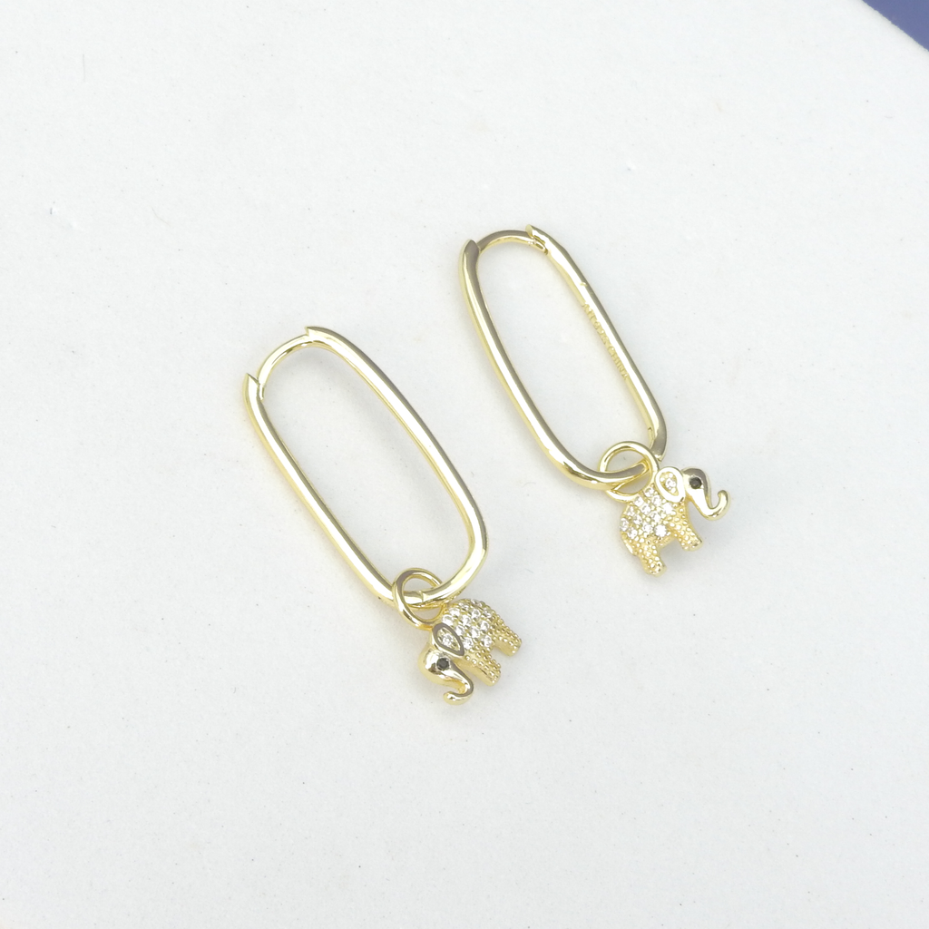 Sterling Silver Gold Vermeil elephant Dangle Hoop Earrings