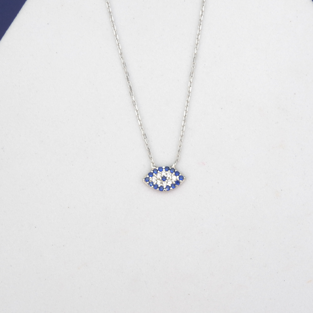 Sterling Silver Blue & Crystal CZ Small Evil Eye Neckace