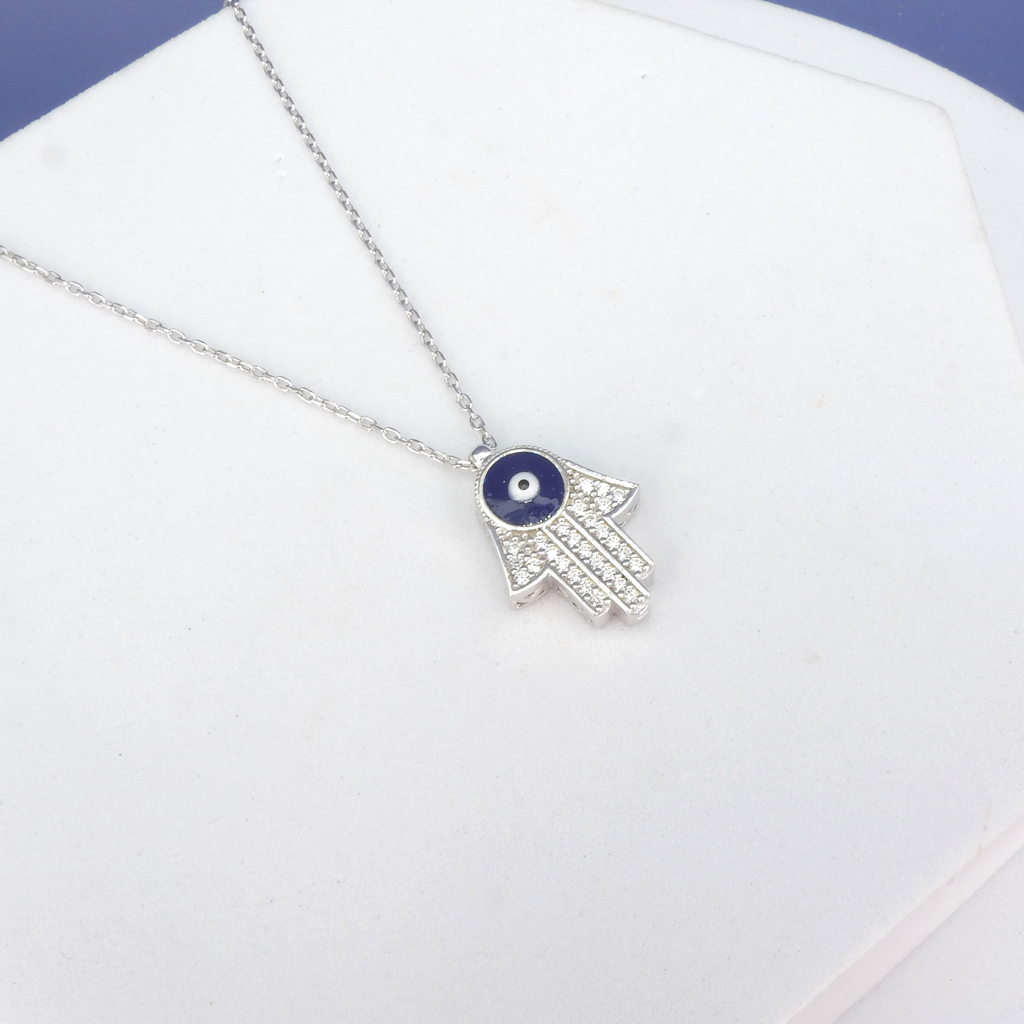 Sterling Silver CZ & Enamel Hamsa Evil Eye Necklace