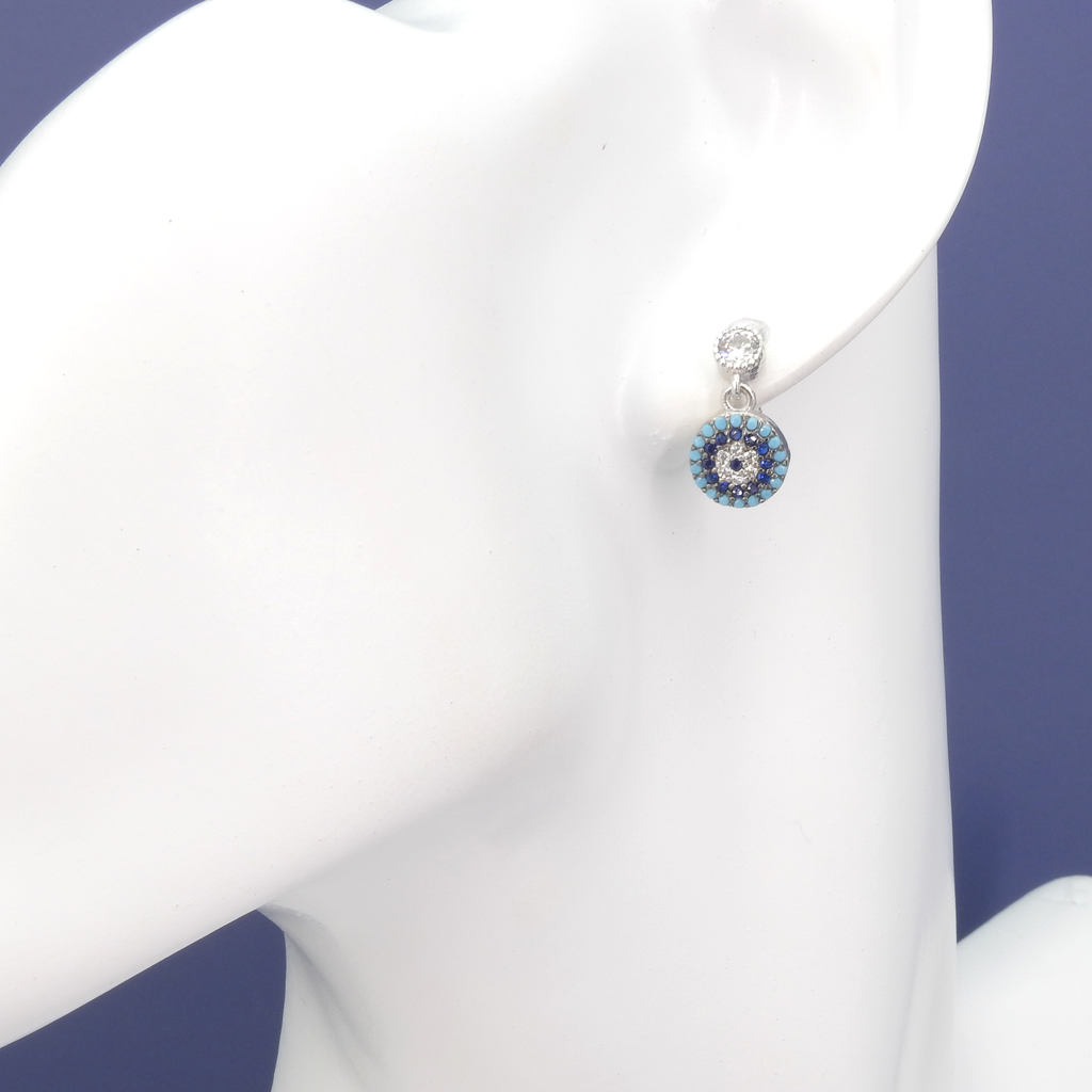 Sterling Silver Small CZ & Created Sapphire Evil Eye Earrings