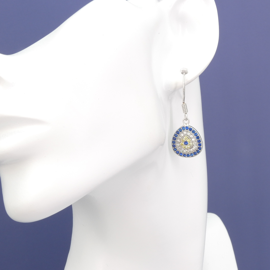 Sterling Silver CZ & Created Sapphire Evil Eye Earrings