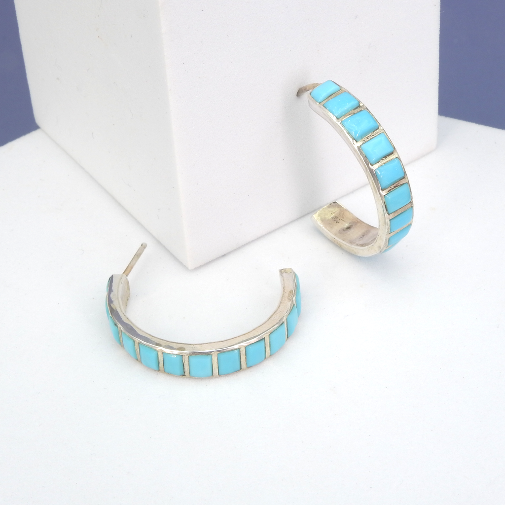 Sterling Silver Native American Turquoise Inlay Hoop Earrings