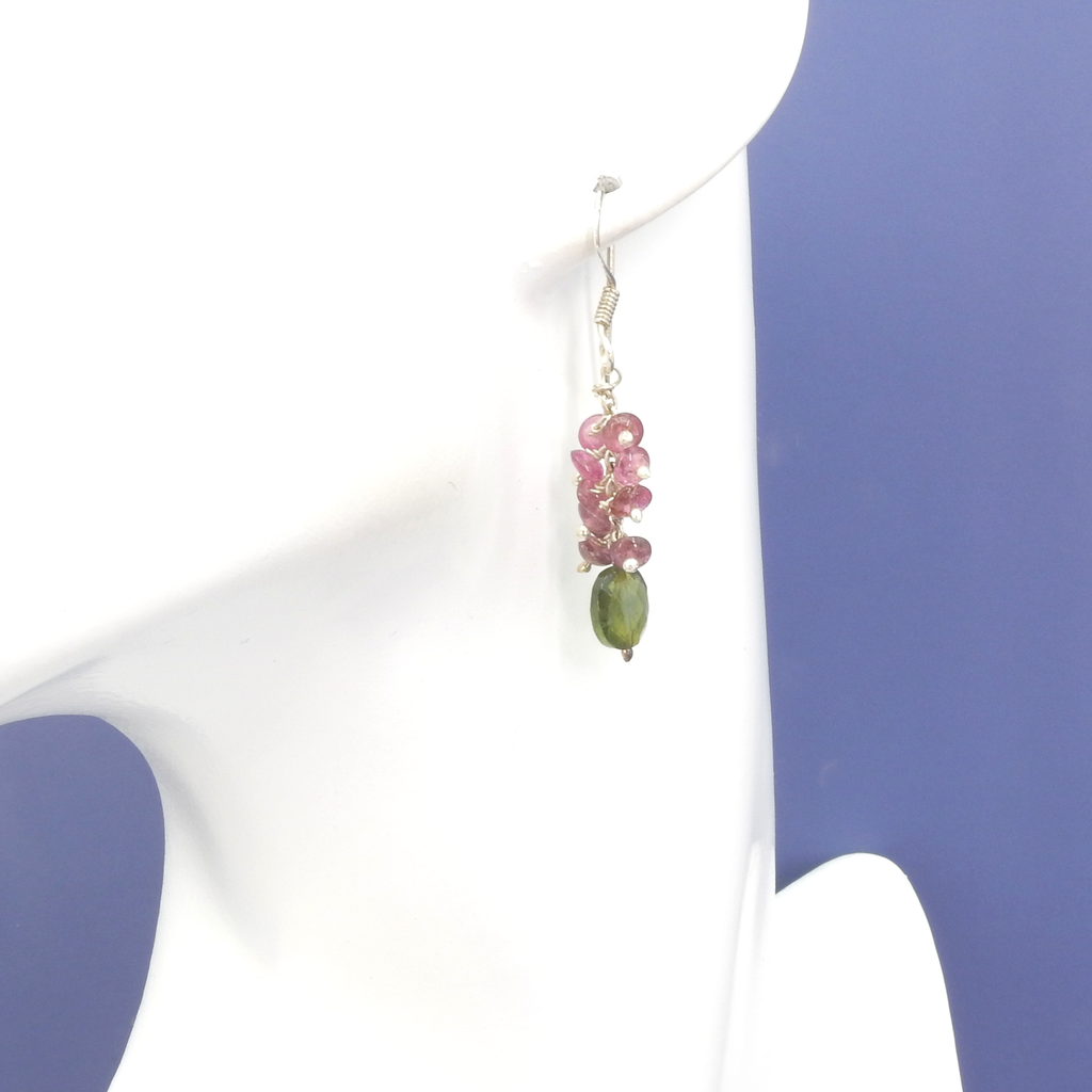 Sterling Silver Pink & Green Tourmaline Dangle Earrings