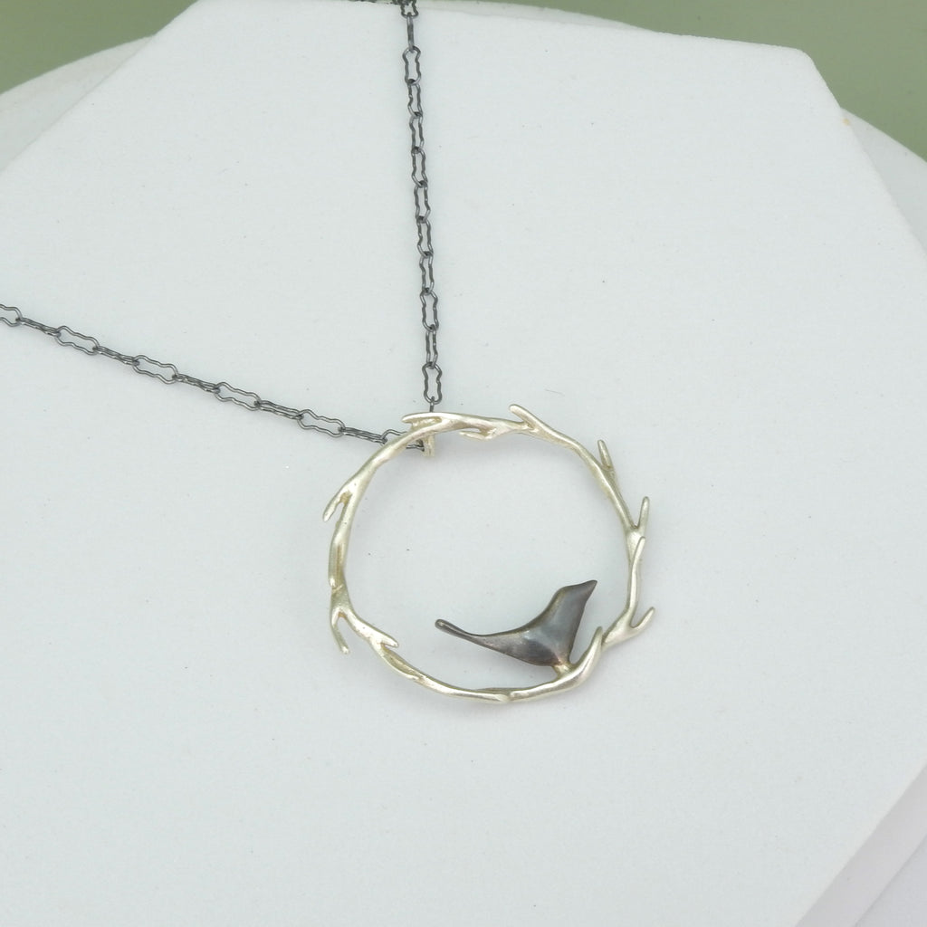 Sterling Silver Bird On Circle Branch Necklace