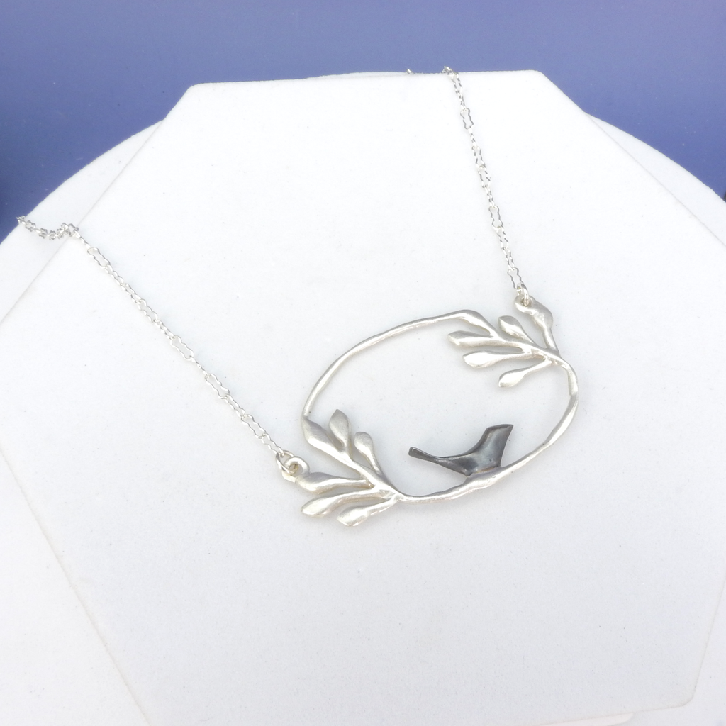Sterling Silver Bird On Branch Oval Necklace