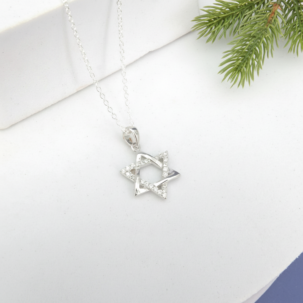 Sterling Silver Star of David Pendant w/ Moissanite Details