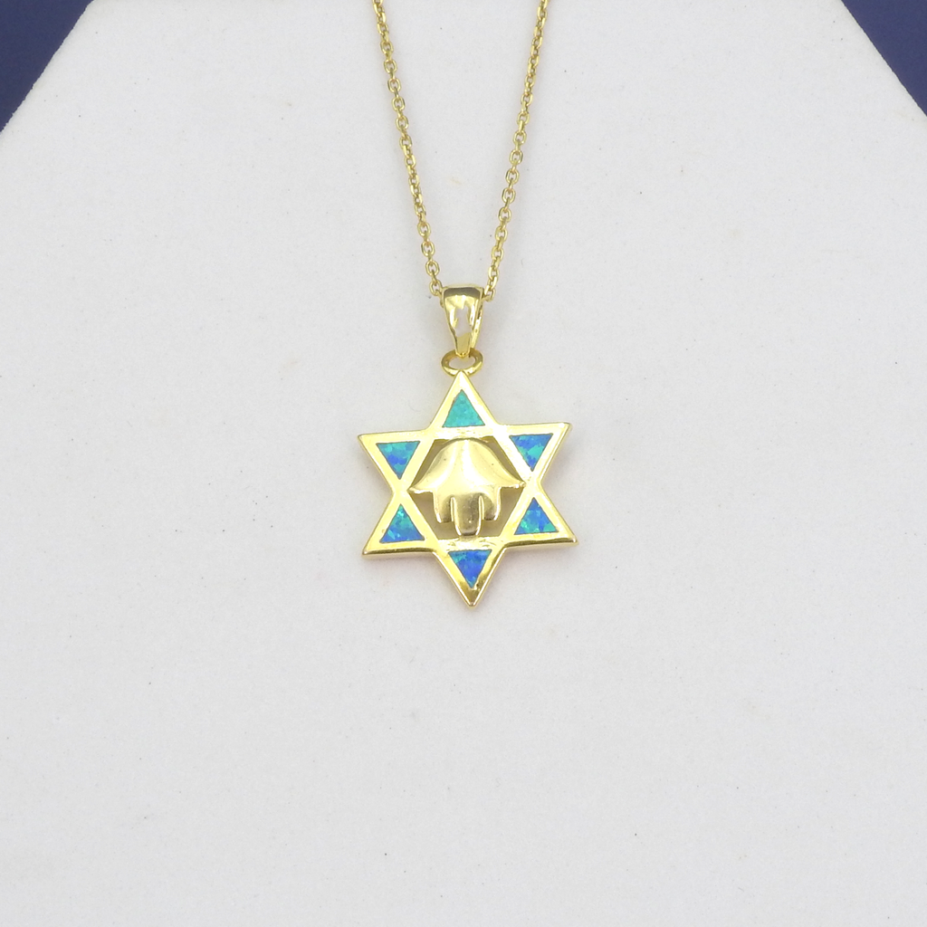 Sterling Silver Gold Vermeil Star of David & Hamsa Created Opal Pendant