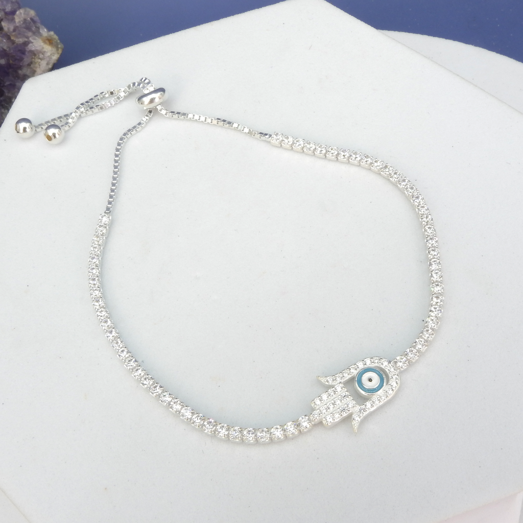 Sterling Silver Evil Eye CZ Hamsa Bracelet