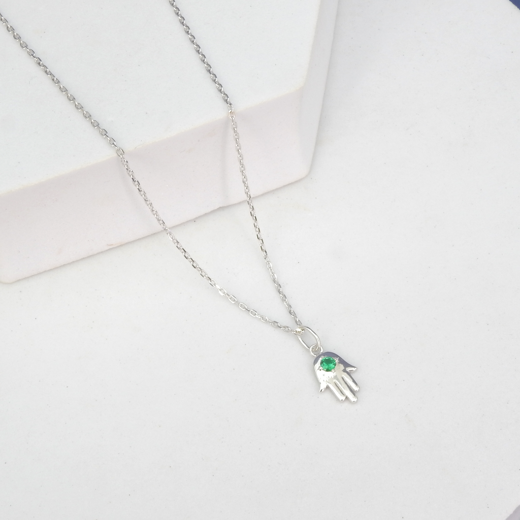 Sterling Silver Hamsa w/ Green Crystal Necklace