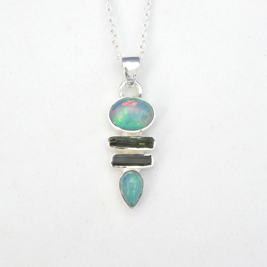 Sterling Silver Ethiopian Opal & Tourmaline Pendant