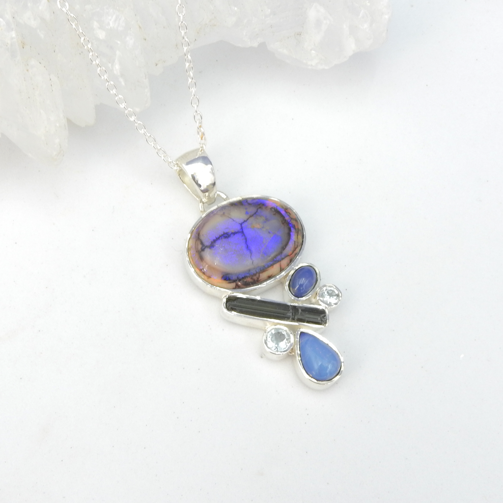 Sterling Silver Ethiopian Opal, Blue Topaz & Tourmaline Pendant