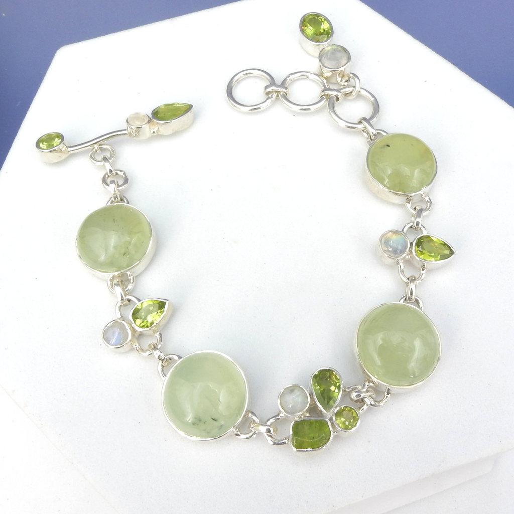 Sterling Silver Prehnite, Peridot & Moontstone Statement Bracelet