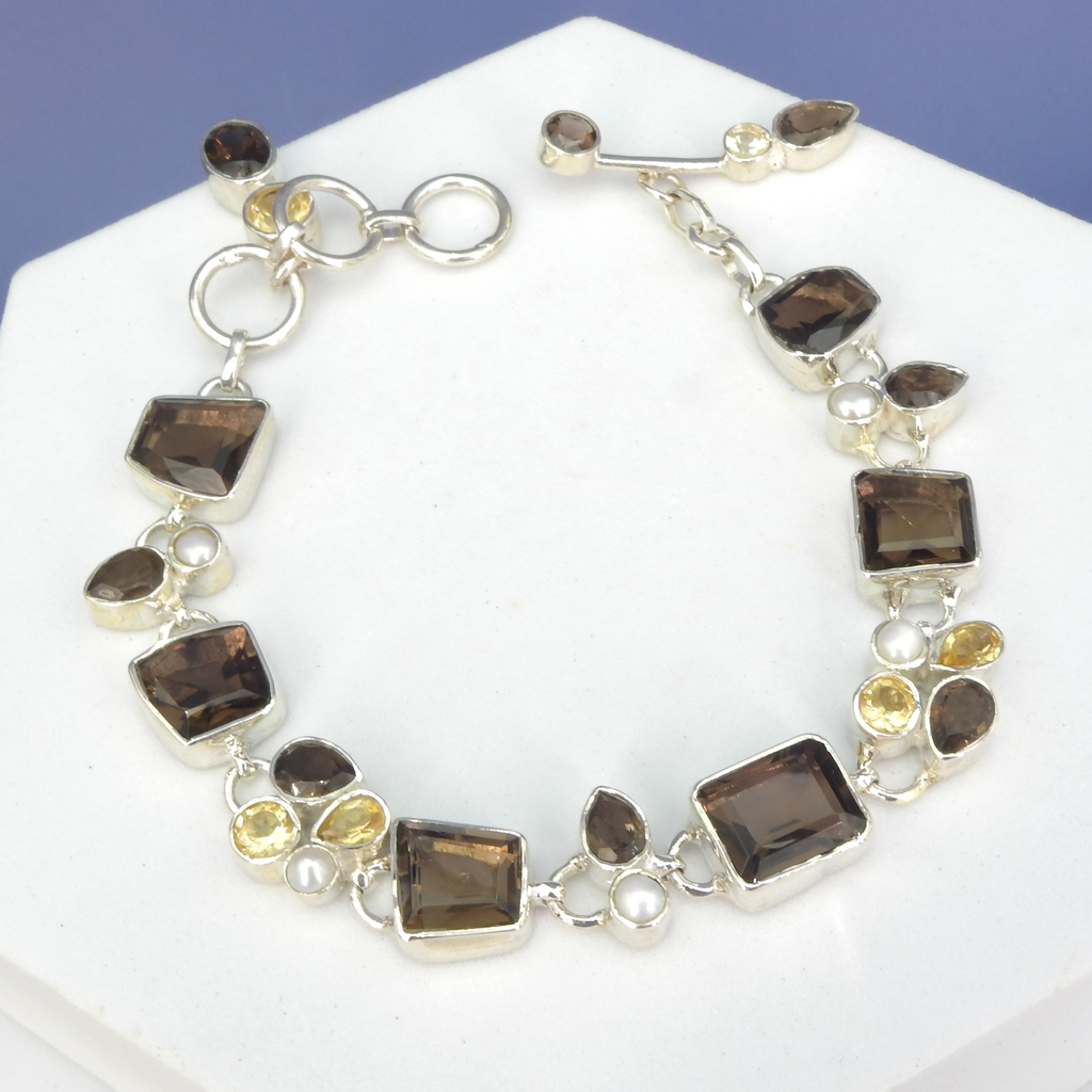 Sterling Silver Smokey Quartz, Pearl & Citrine Statement Bracelet