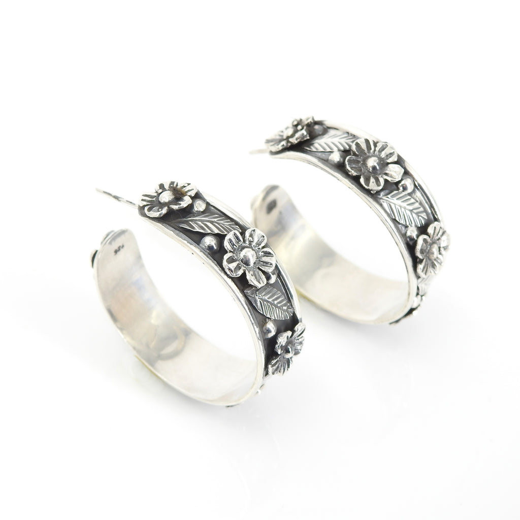 Sterling Silver Flower Hoop Earrings