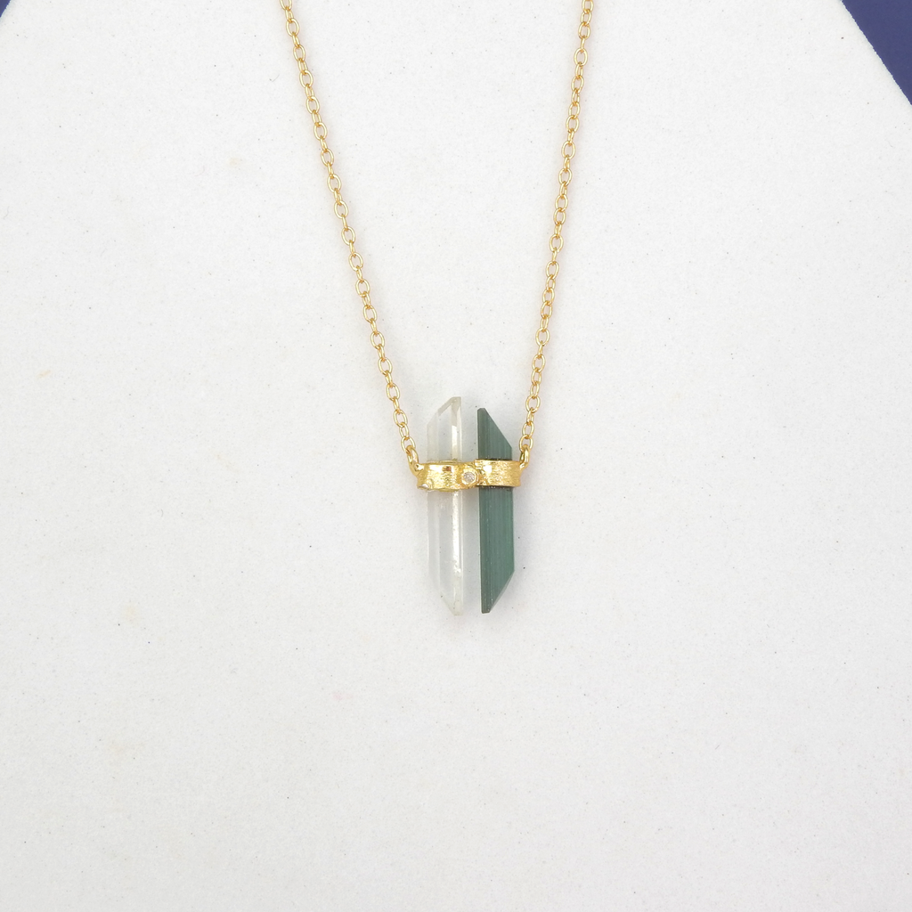 Sterling Silver Gold Vermeil Double Tourmaline & Quartz w/ Diamond Necklace