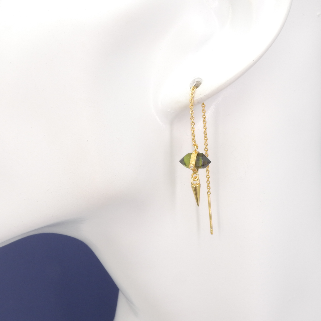 Sterling Silver Gold Vermeil Green Tourmaline w/ Diamond Threader Earrings