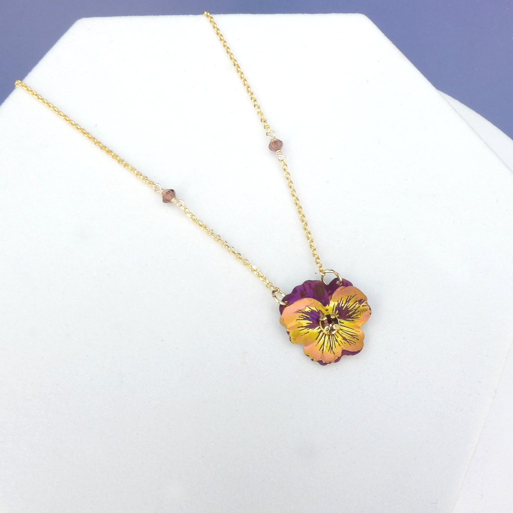 Metal Pansy & Crystal Necklace