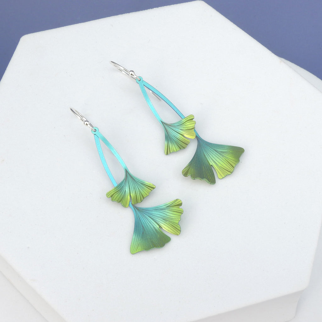 Green Ginkgo Leaf Niobium Metal Earrings