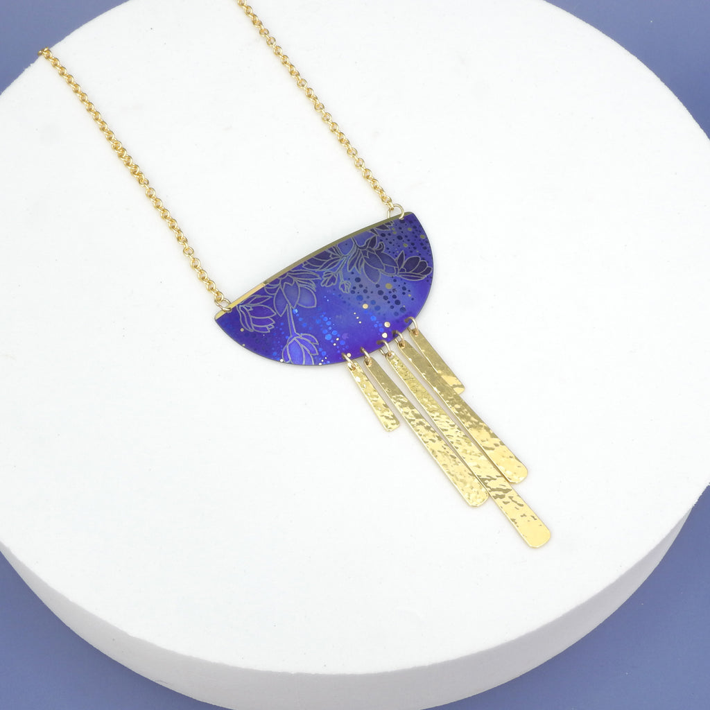 Long Purple Etched Metal Necklace