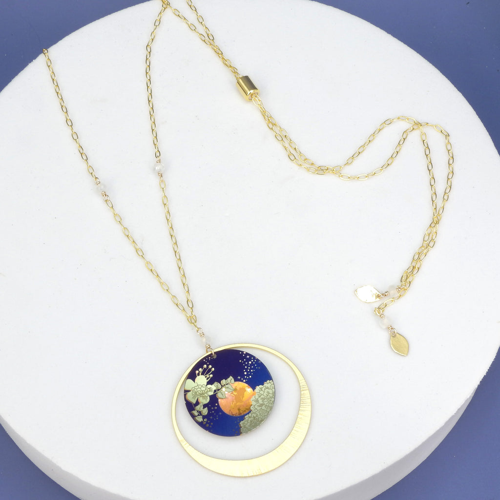 Dark Blue Moon & Flowers Necklace