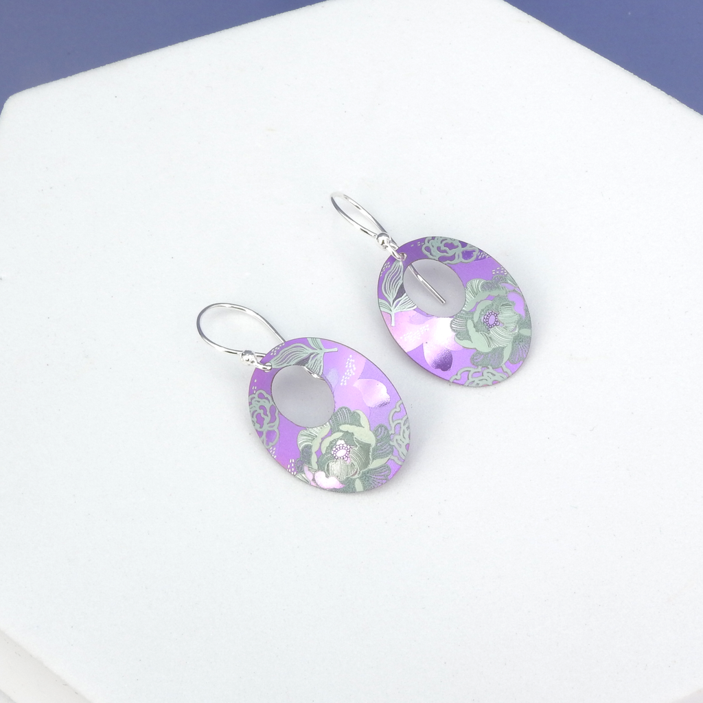 Etched Floral Purple Metal Earrings