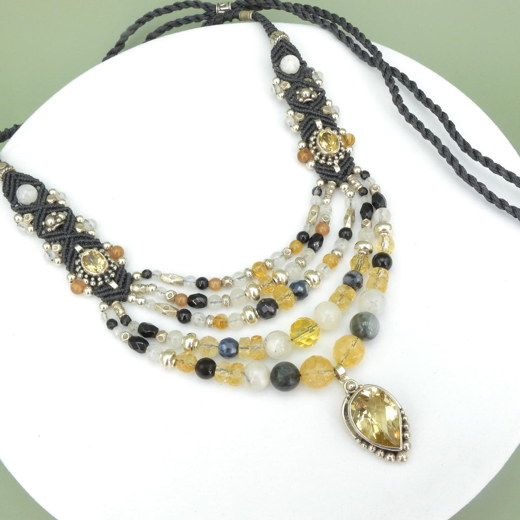 Sterling Silver Isha Elafi Multi Strand Citrine & Moonstone Nomadic Knotwork Necklace