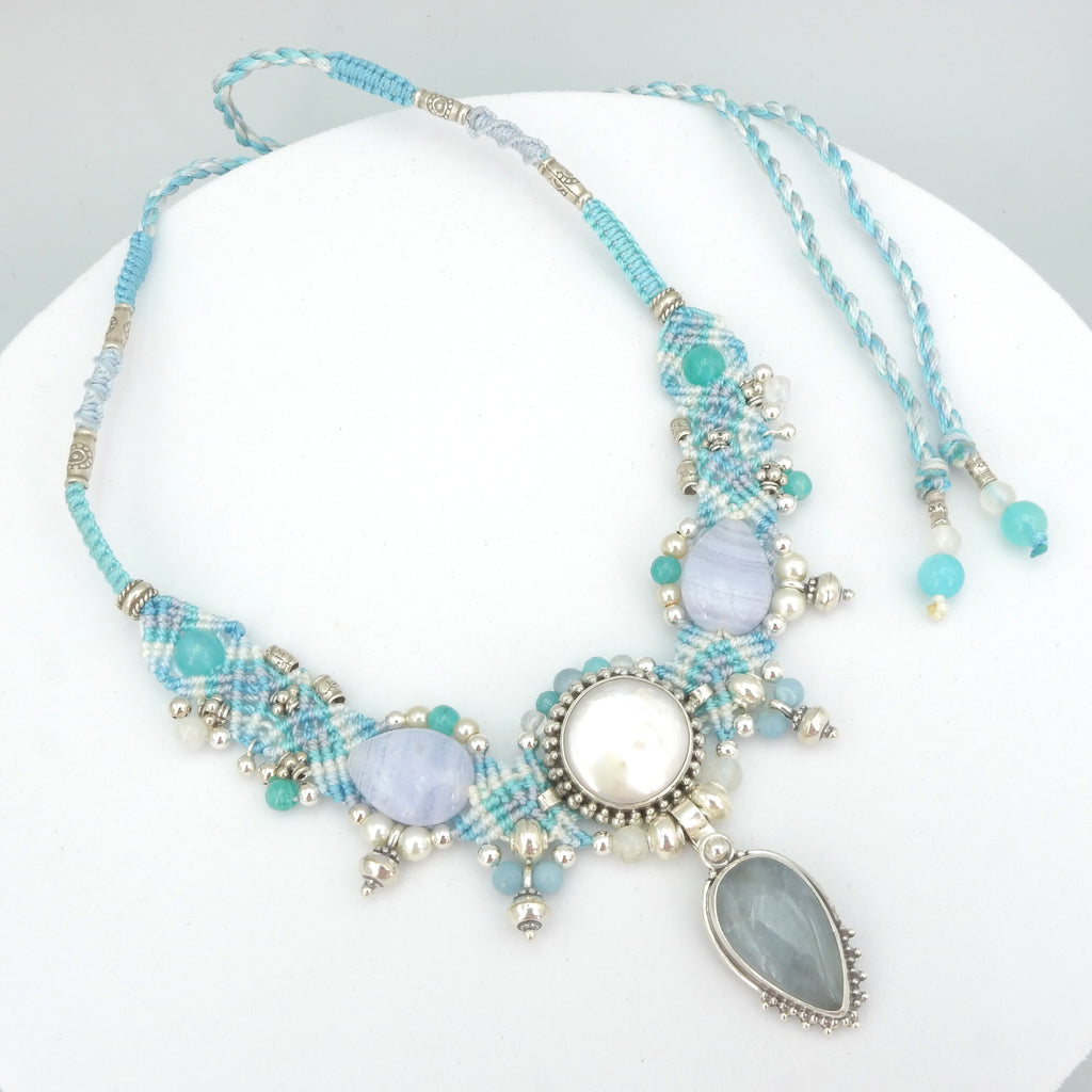 Sterling Silver Isha Elafi Pearl, Blue Lace Agate & Aquamarine Nomadic Knotwork Necklace