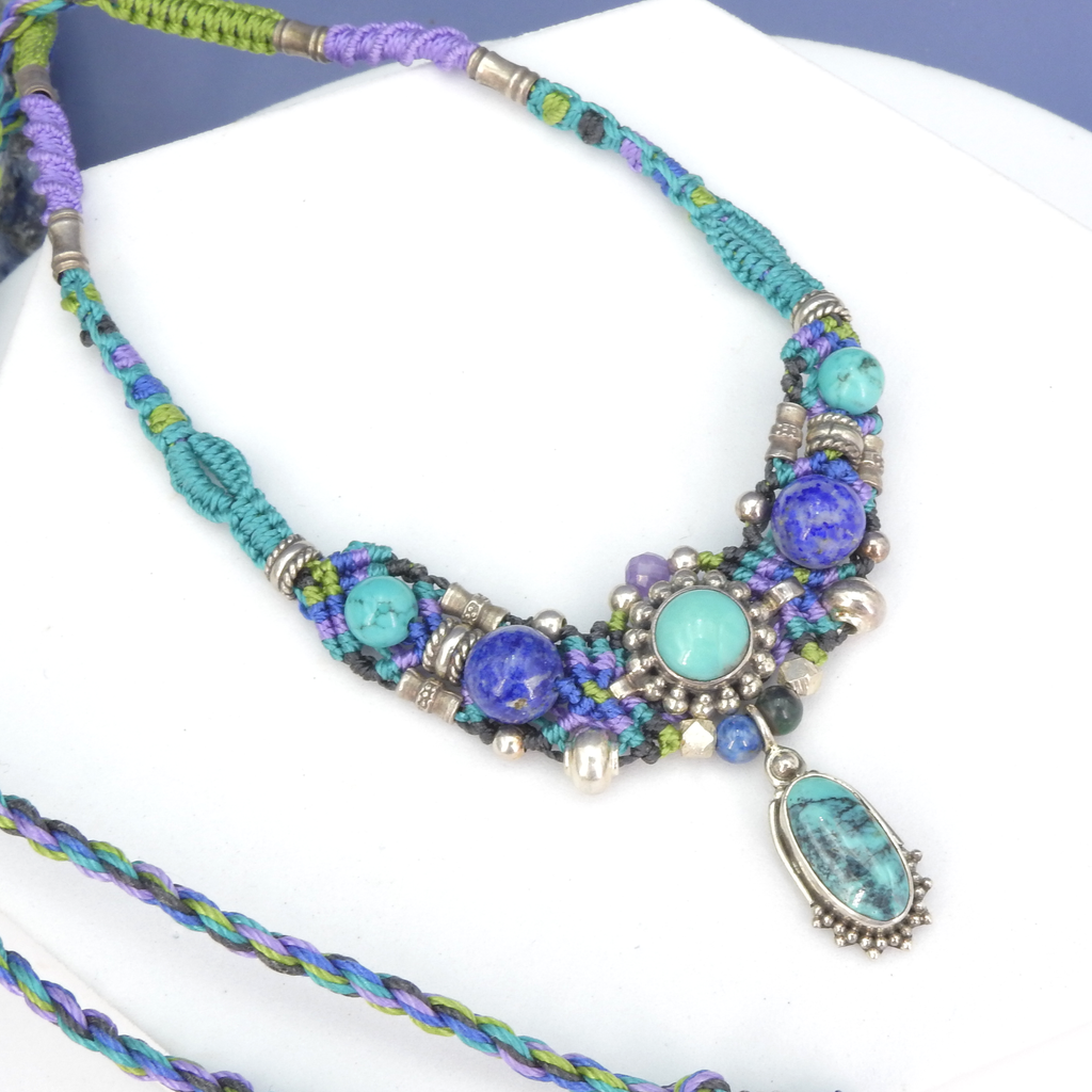 Sterling Silver Isha Elafi Turquoise & Lapis Small Nomadic Knotwork Necklace
