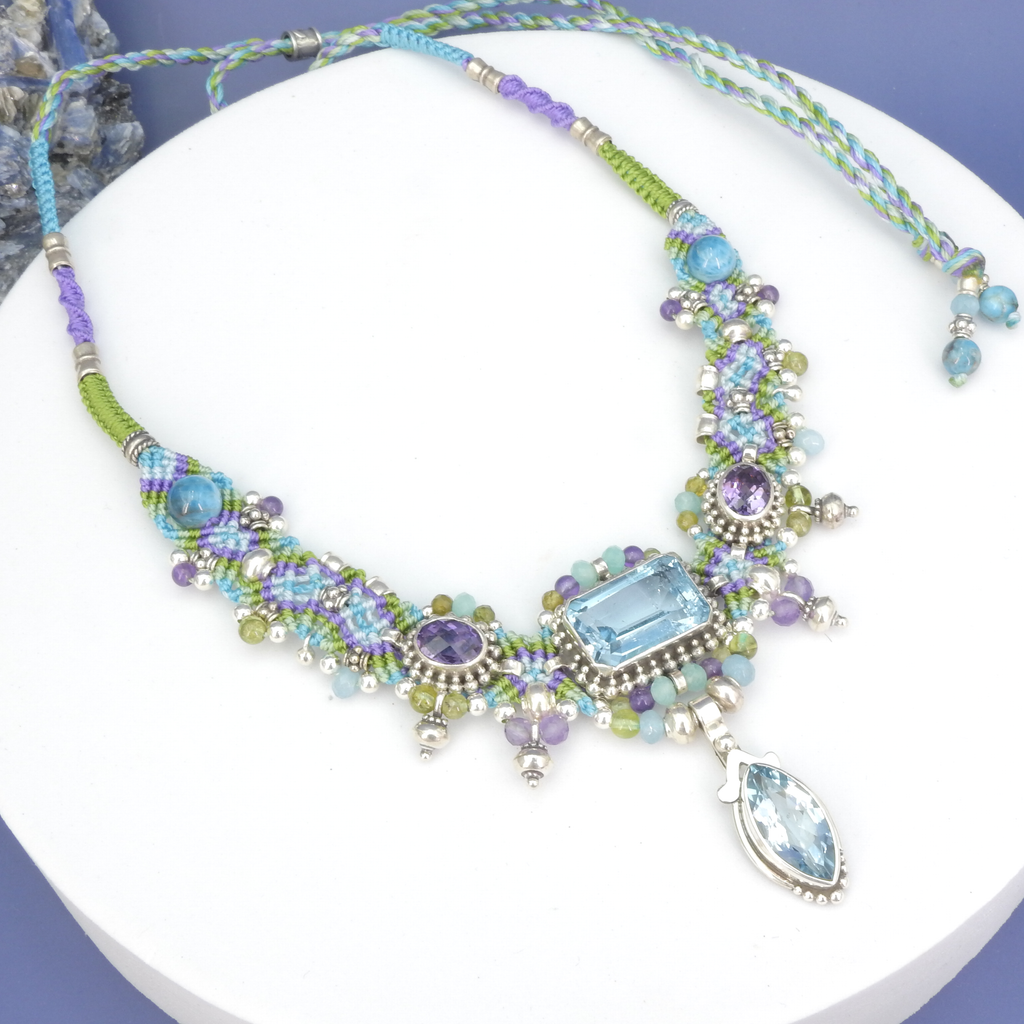Sterling Silver Isha Elafi Blue Topaz & Amethyst Nomadic Knotwork Necklace