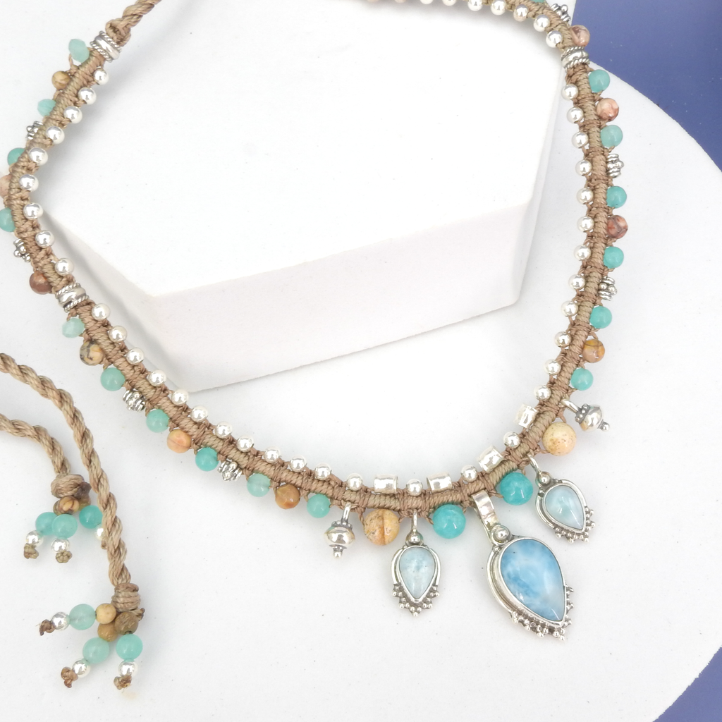 Sterling Silver Isha Elafi Small Larimar Nomadic Knotwork Necklace