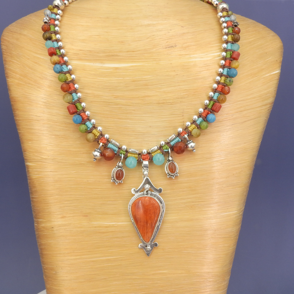 Sterling Silver Isha Elafi Spiny Oyster Nomadic Knotwork Necklace