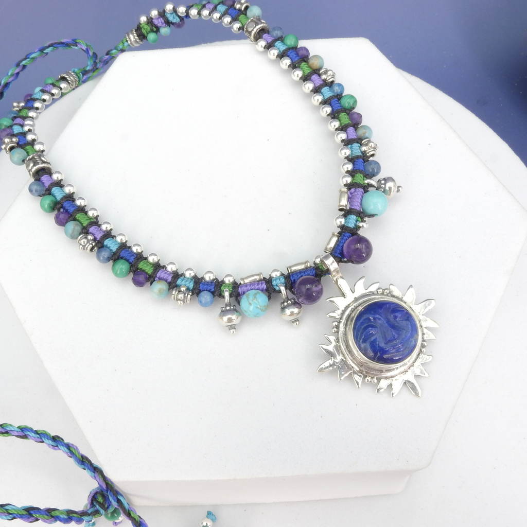 Sterling Silver Isha Elafi Carved Lapis Face Nomadic Knotwork Necklace