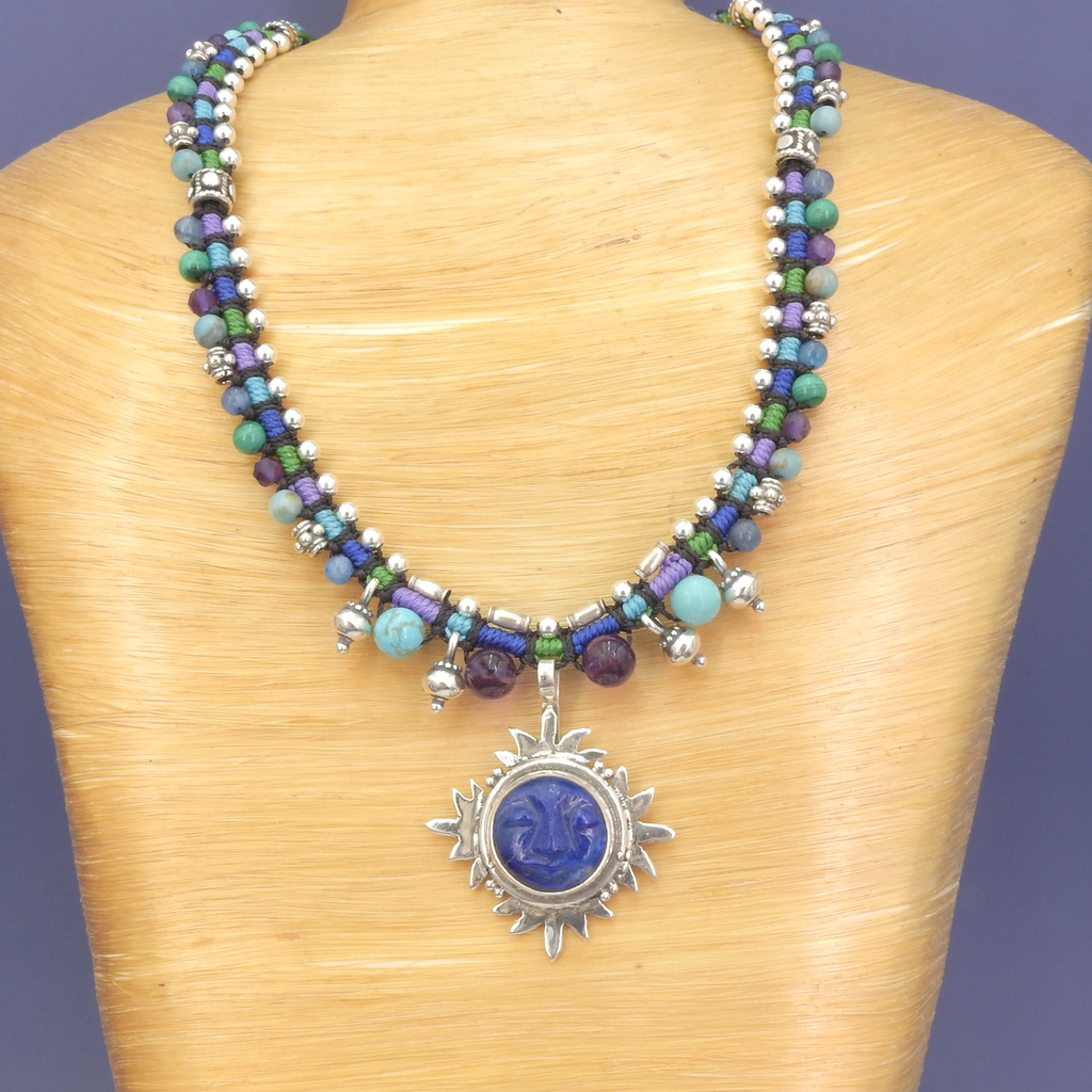 Sterling Silver Isha Elafi Carved Lapis Face Nomadic Knotwork Necklace