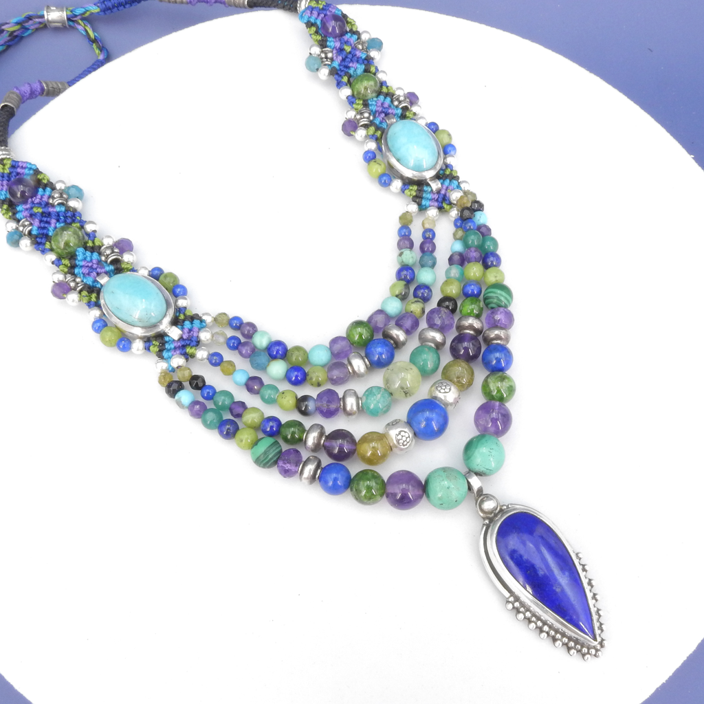 Sterling Silver Isha Elafi Lapis Multi Strand Nomadic Knotwork Necklace