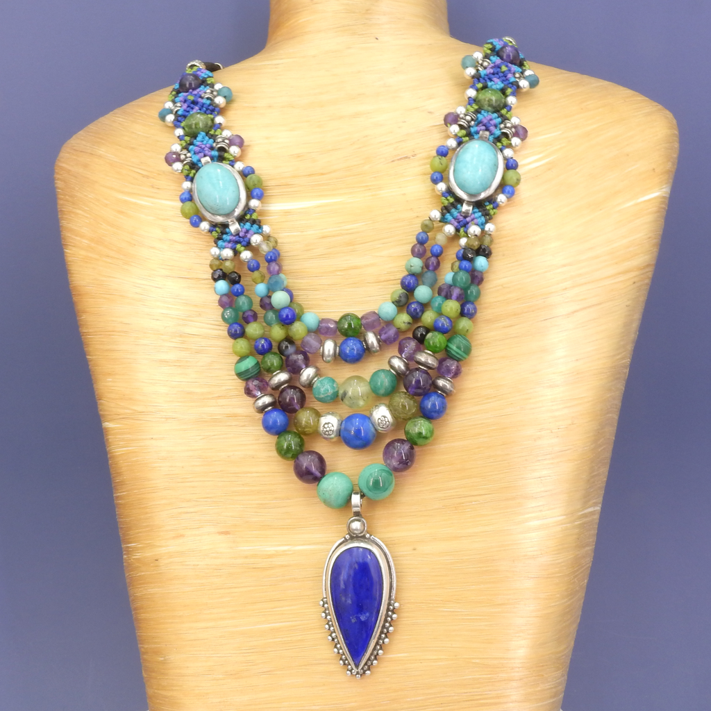 Sterling Silver Isha Elafi Lapis Multi Strand Nomadic Knotwork Necklace