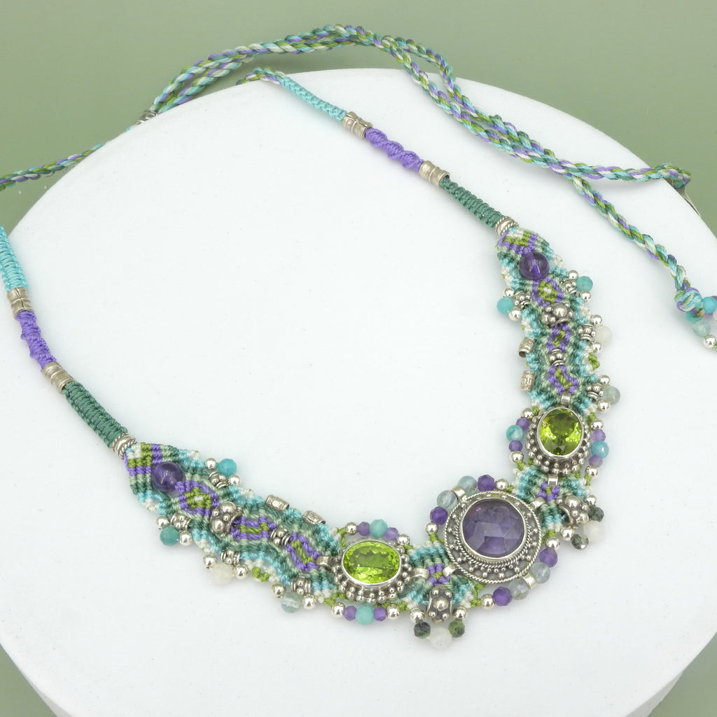 Sterling Silver Isha Elafi Amethyst & Peridot Nomadic Knotwork Necklace