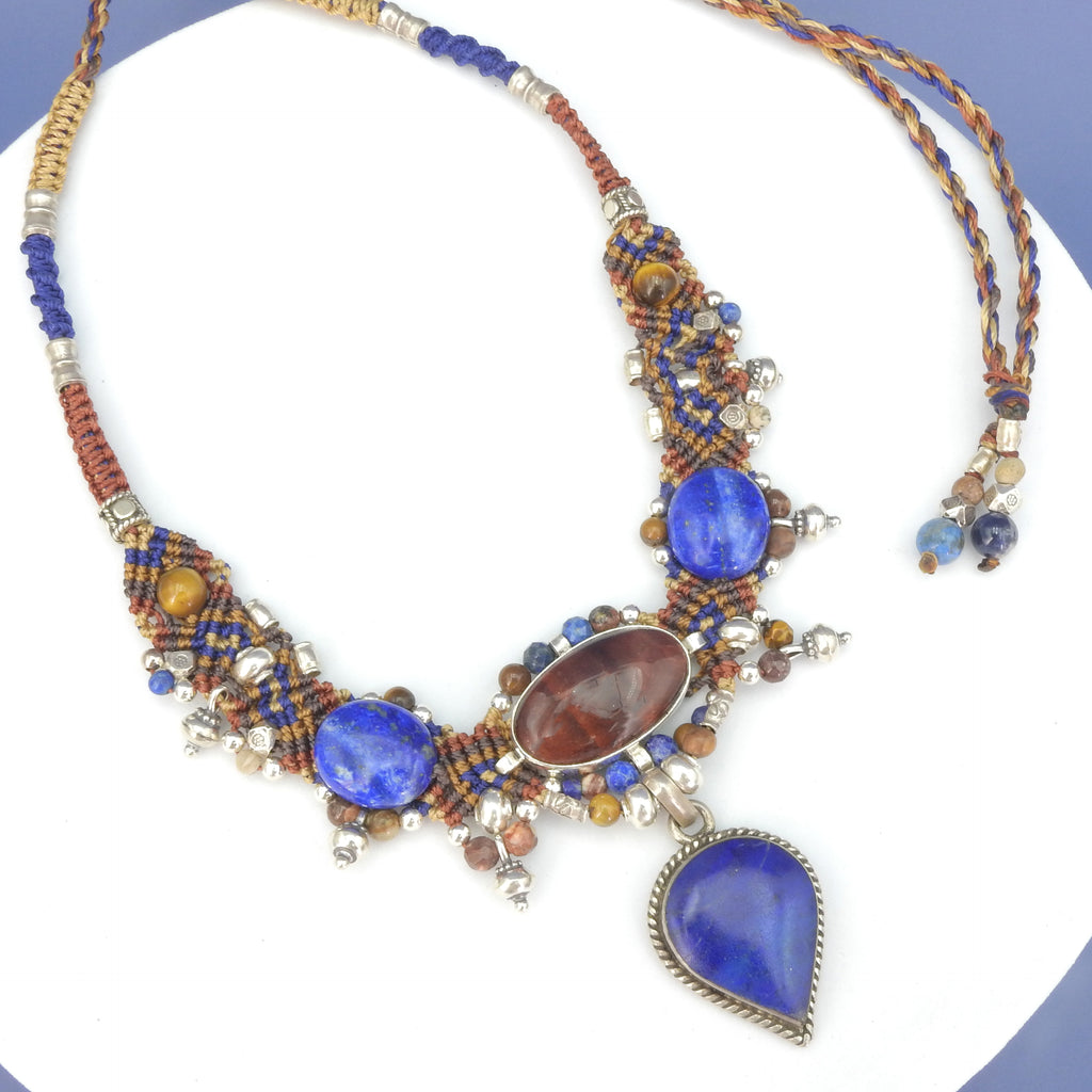 Sterling Silver Isha Elafi Tiger Eye & Lapis Nomadic Knotwork Necklace