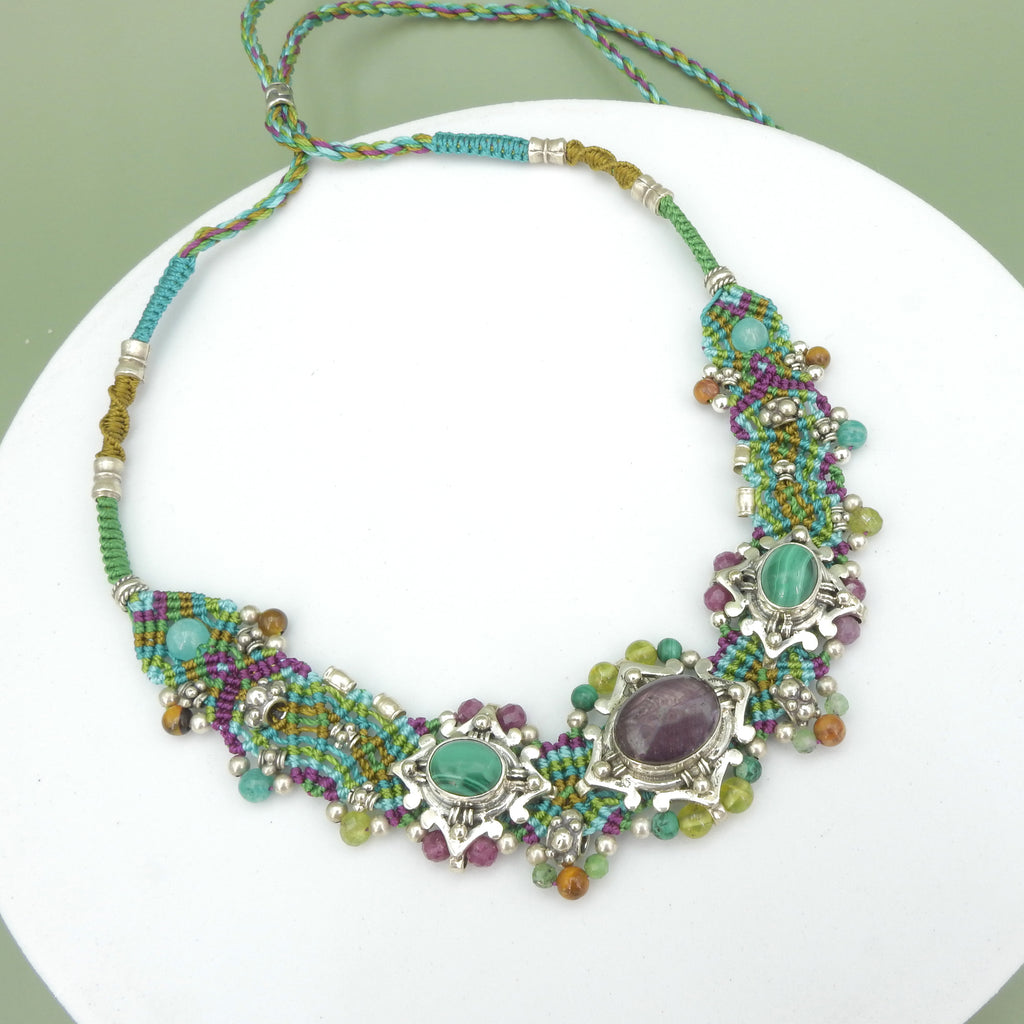 Sterling Silver Isha Elafi Star Ruby & Malachite Nomadic Knotwork Necklace