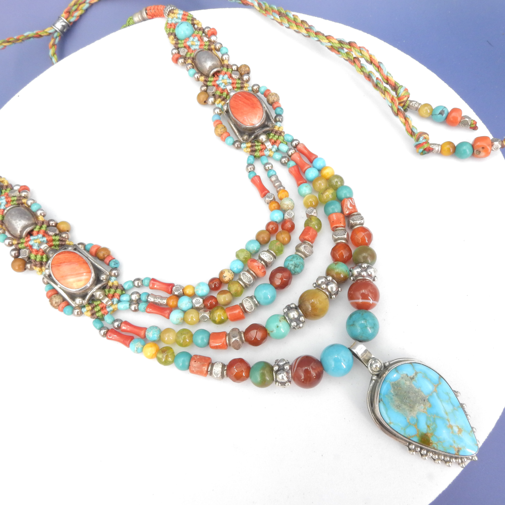 Sterling Silver Isha Elafi Turquoise & Spiny Oyster Coral Nomadic Knotwork Necklace