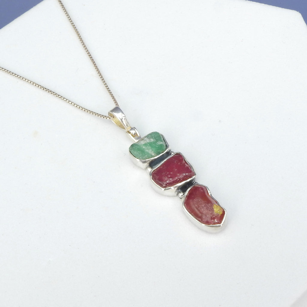 Sterling Silver Rough Ruby & Emerald Pendant