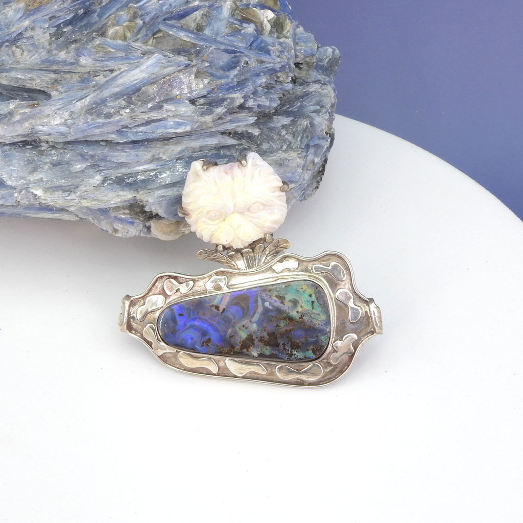 Sterling Silver Iriniri Original White Opal Cat & Boulder Opal Pin/Pendant