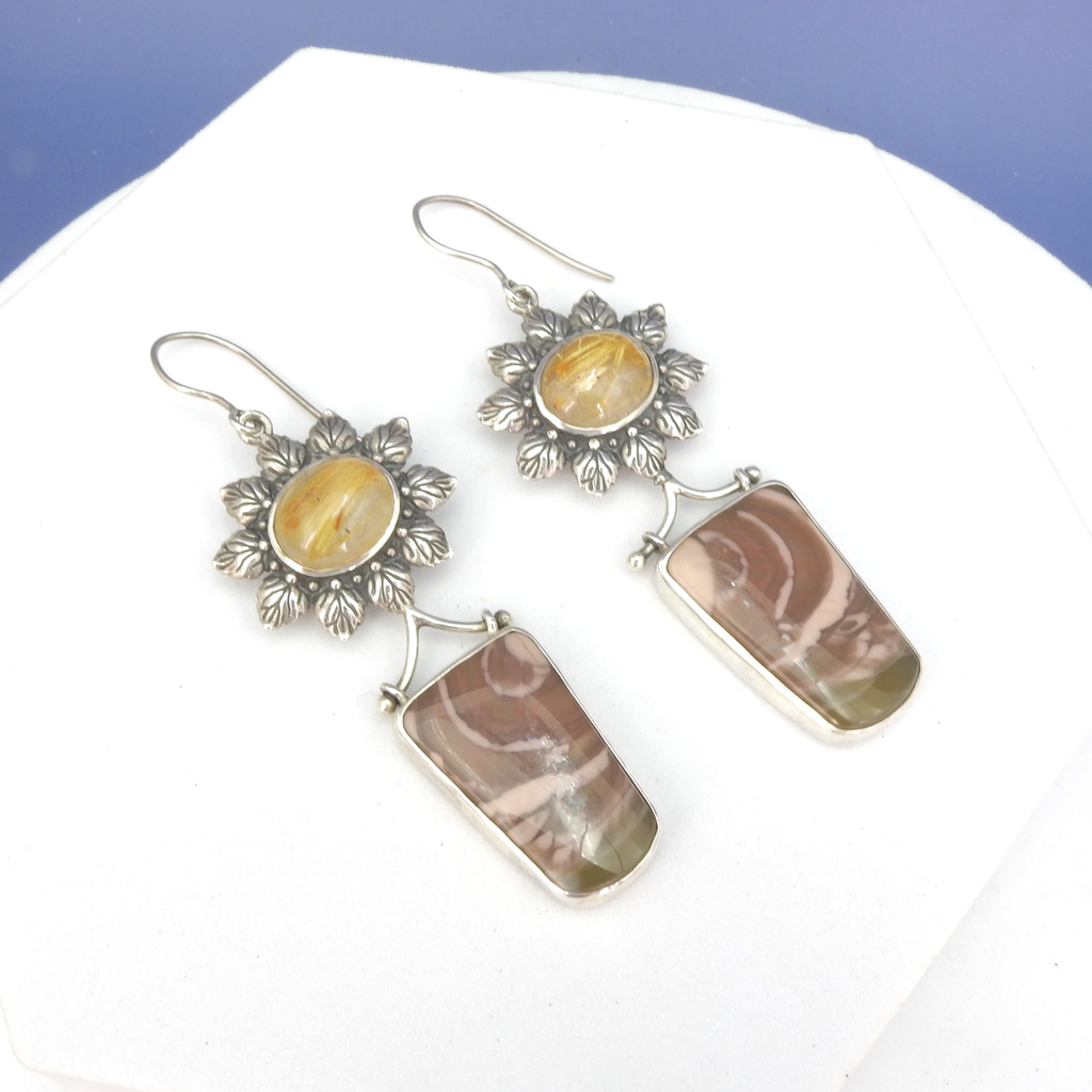 Sterling Silver Rutilated Quartz & Jasper Earrings