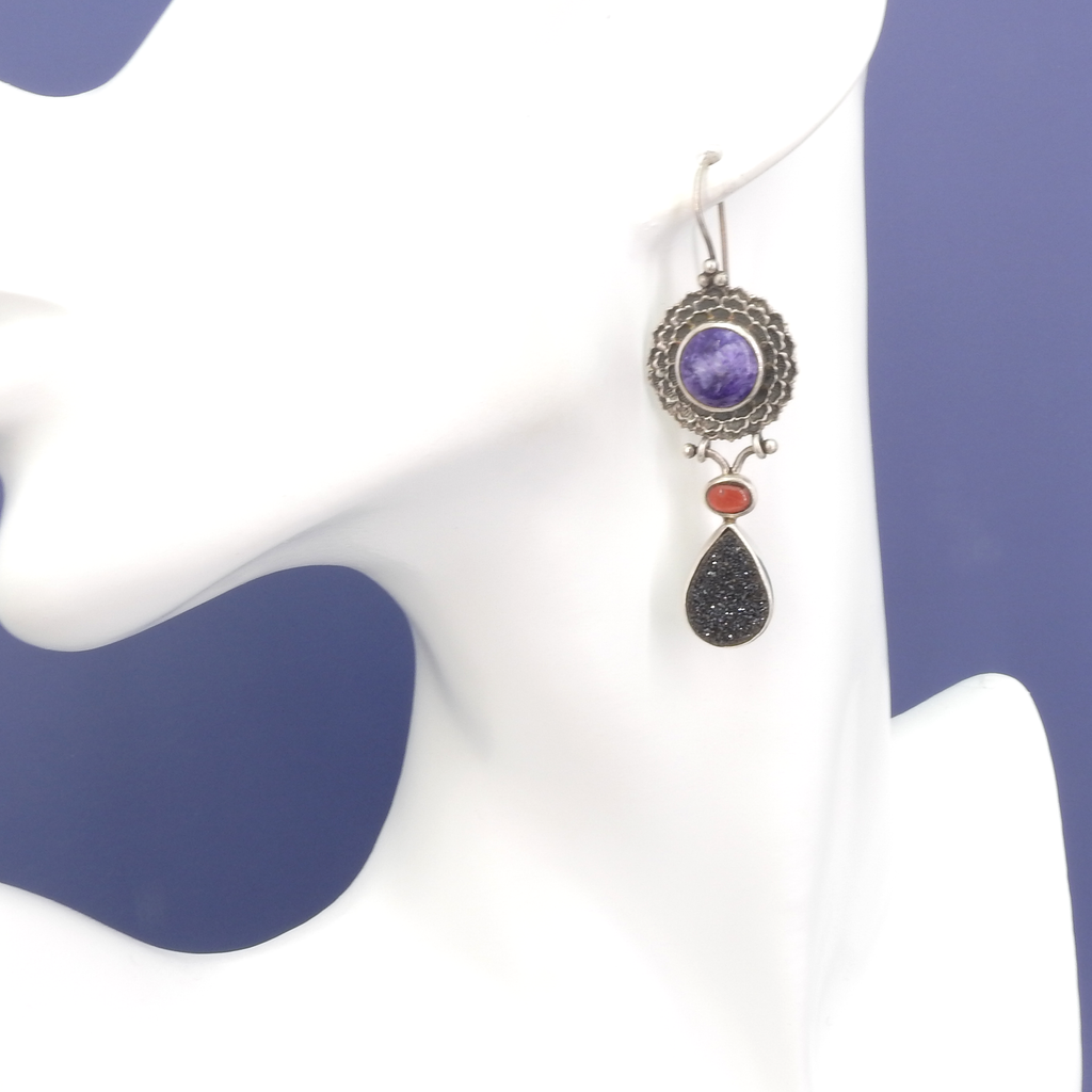Sterling Silver Charoite & Black Druzy Earrings