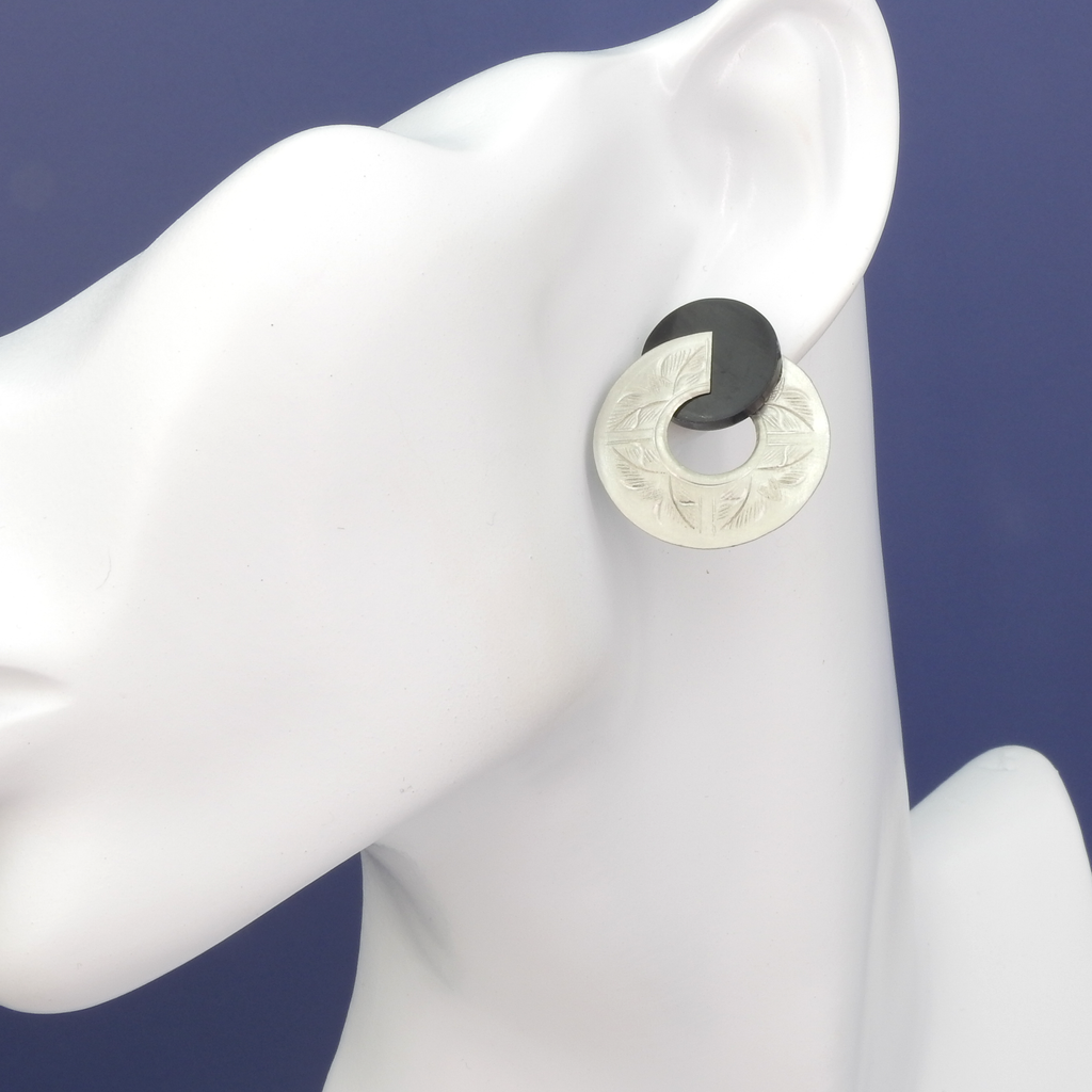 John Michael Richardson Silver Tone Etched Black Shell Earrings