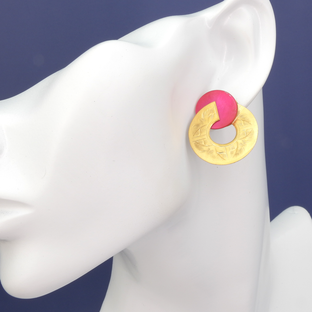 John Michael Richardson Gold Tone & Dyed Red Shell Etched Earrings