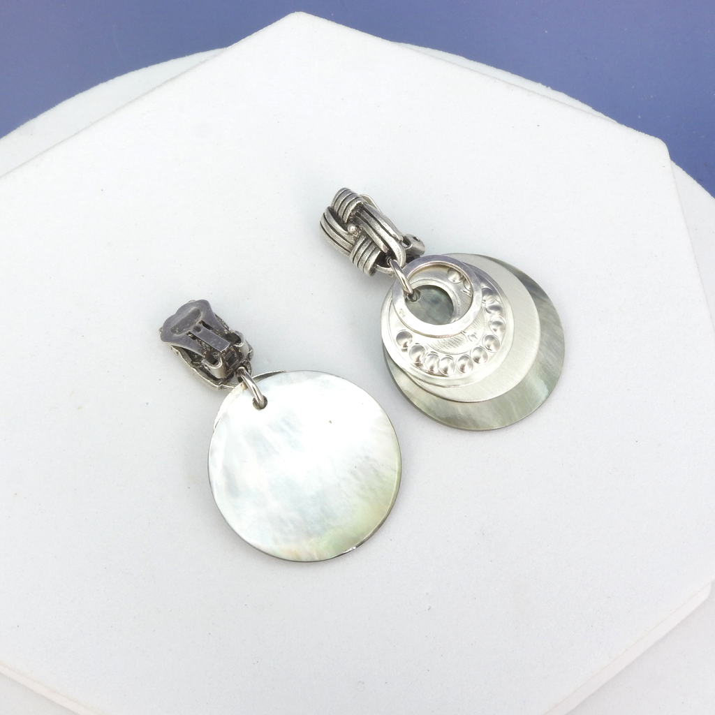John Michael Richardson Matte Silver Clip-On Earrings w/ Mother of Pearl