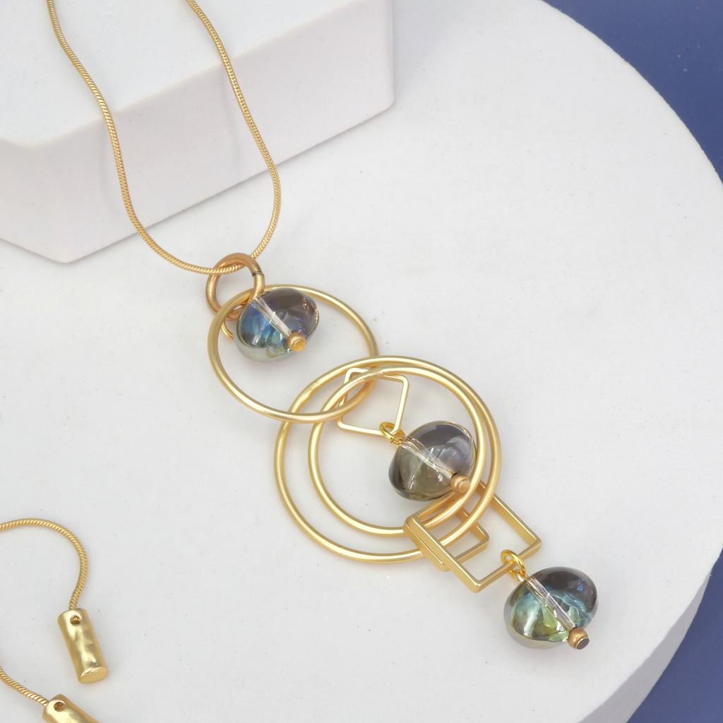 John Michael Richardson Matte Gold Geometric Glass Bead Necklace