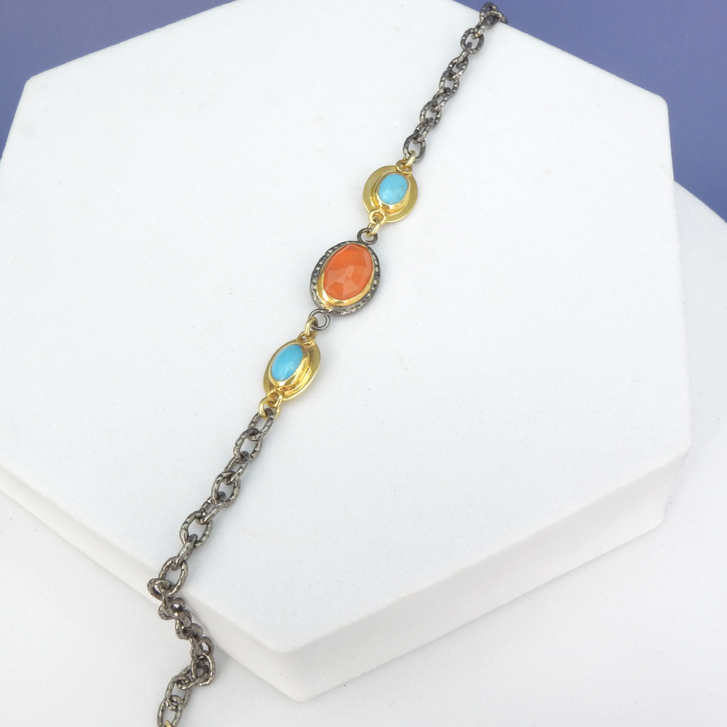Oxidized Sterling Silver & 24KT Gold Turquoise & Carnelian Bracelet
